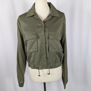 Lulus Cropped Utility Jacket Olive Green Pockets Full Button Casual Womens Sz M